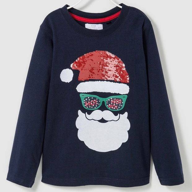 Boy's Santa Clause flip sequin shirt. Navy Blue.