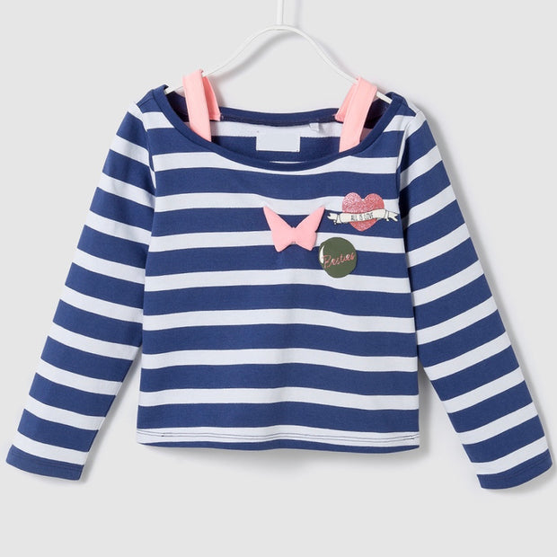 Girl's Off-Shoulder Active Shirt. Navy Blue & White striped.