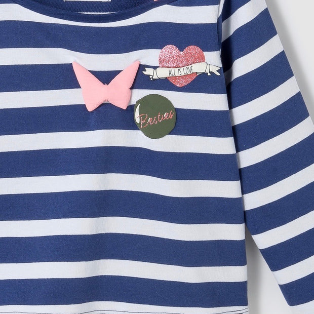 Girl's Off-Shoulder Active Shirt. Navy Blue & White striped.