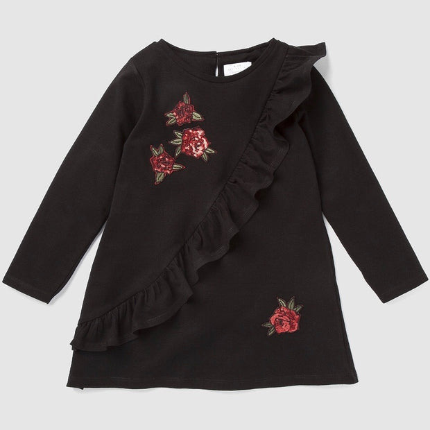 Girl's Long Sleeve Dress with Sequin Roses
