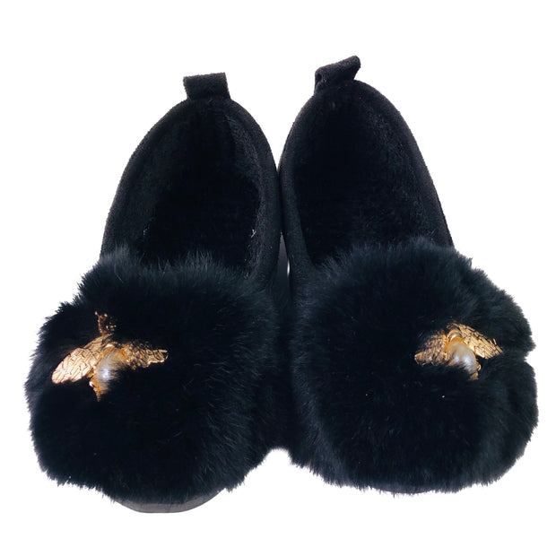 Pearl & Fur. Elegant Ballerina Slippers, flats. Black.