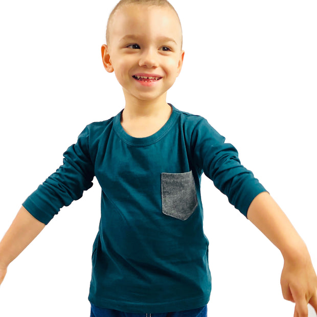 Pocket On Long Sleeve Tee, Unisex. Teal-Greay