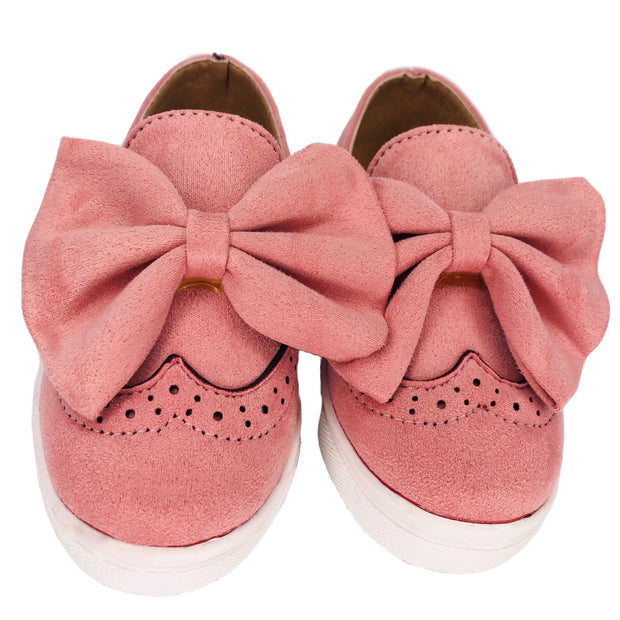 Girl's Suede Slip On Shoes with Bow detail. Pink.