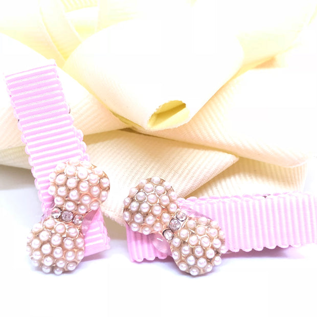 Cute Girl Pearl-Rhinestone Bowknot Hair Clip, Baby Pink