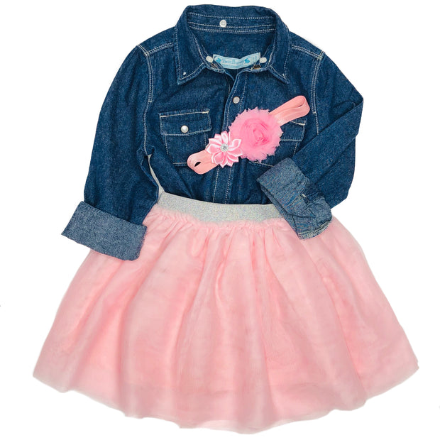 Baby Girls Denim Long sleeve Shirt. Dark wash