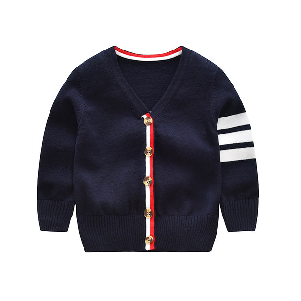 Boys Striped Sleeve Cardigan. Navy Blue.