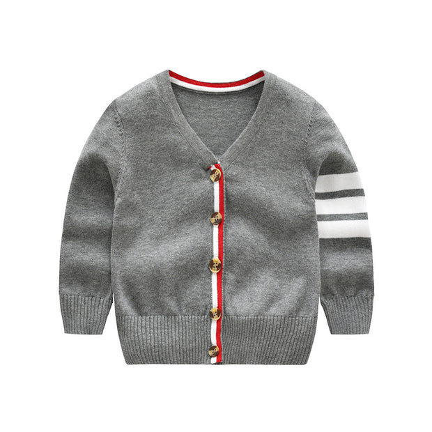 Boys Striped Sleeve Cardigan. Gray.