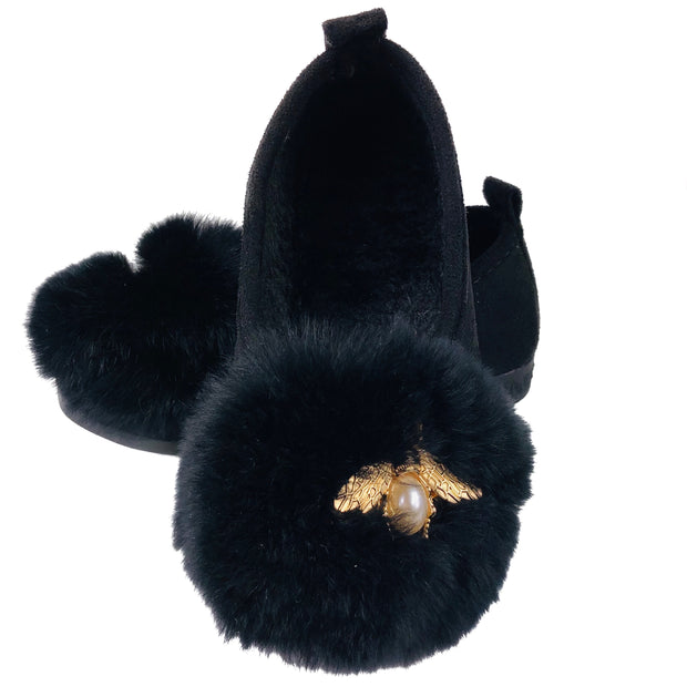 Pearl & Fur. Elegant Ballerina Slippers, flats. Black.