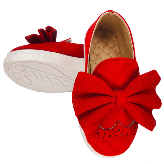 Girl's Suede Slip On Shoes with Bow detail. Red.