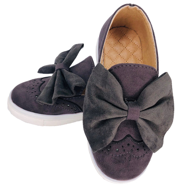 Girl's Suede Slip On Shoes with Bow detail. Grey.