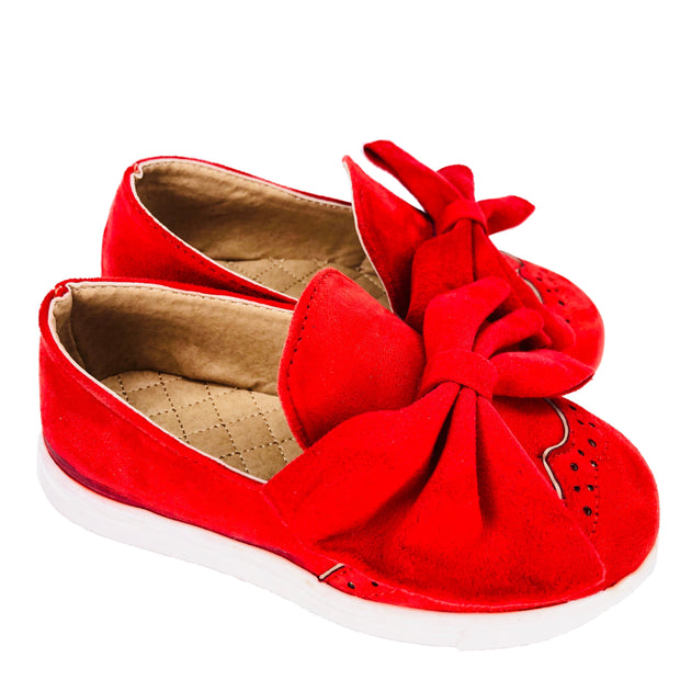 Girl's Suede Slip On Shoes with Bow detail. Red.