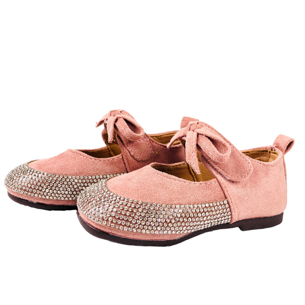 Girl's Suede Sandal with Rhinestone embellishment. Pink.