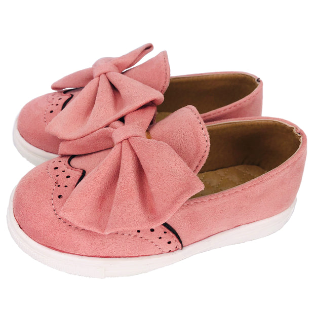 Girl's Suede Slip On Shoes with Bow detail. Pink.