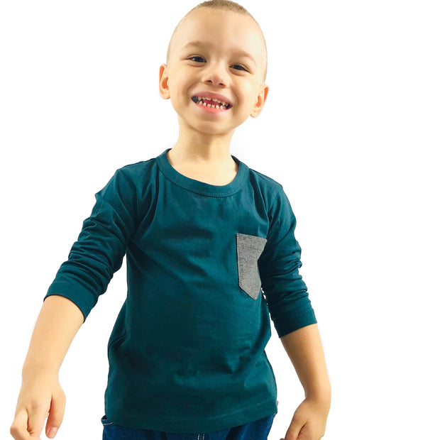 Pocket On Long Sleeve Tee, Unisex. Teal-Greay