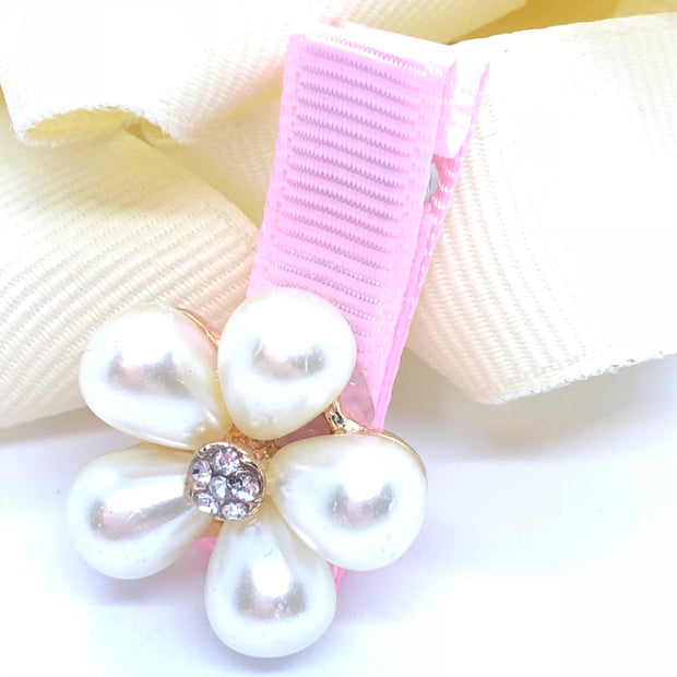 Cute Girl White Pearl-Rhinestone Flower Hair Clip