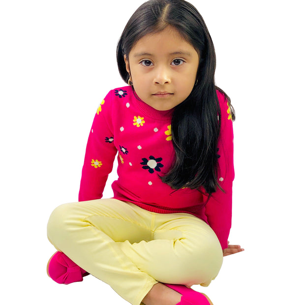Girl's Flower Motif knitted Sweater. Rose Pink.