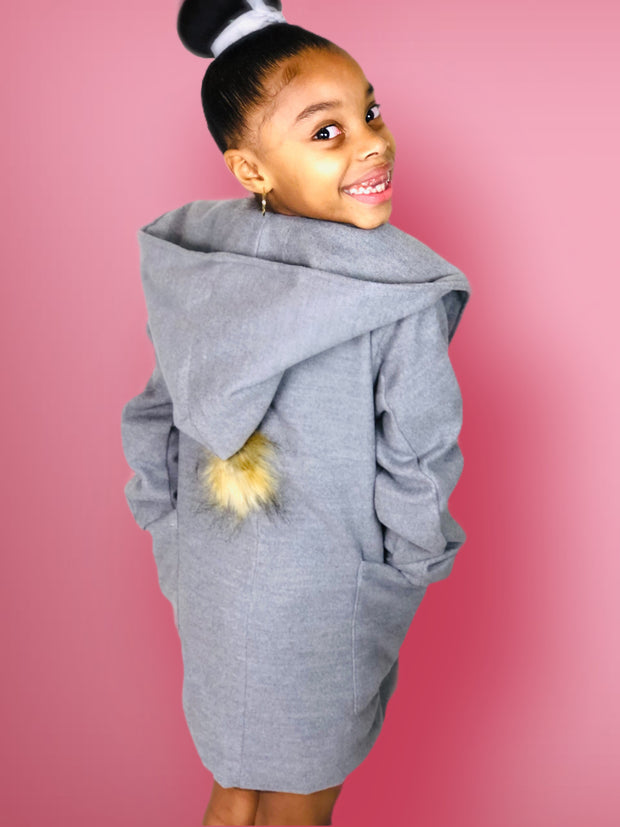 Girls Woolen Trench Coat, with Princess line hoodie. Grey.