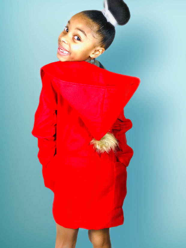 Girls Woolen Trench Coat, with Princess line hoodie. Red