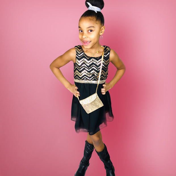 Elegant Me - Black & Gold Sequin Formal Dress.