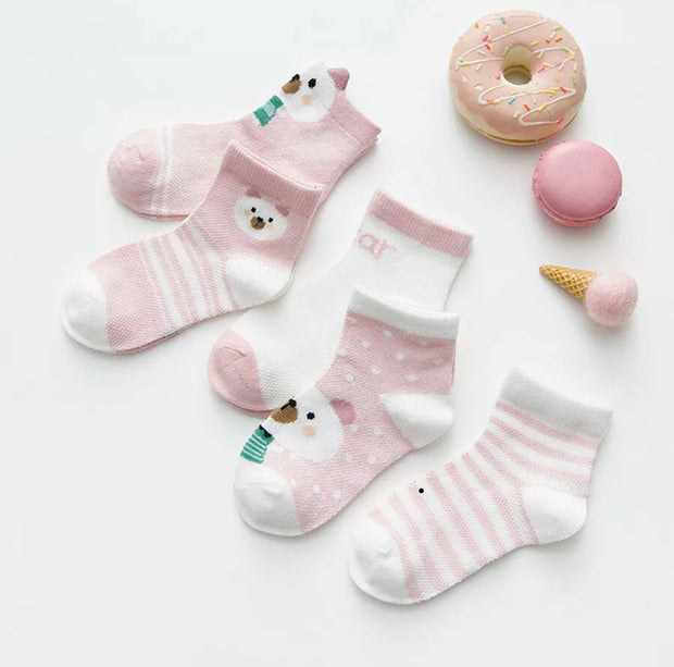 Girls cotton jaquard sock. 5 pack. Pink Bear.