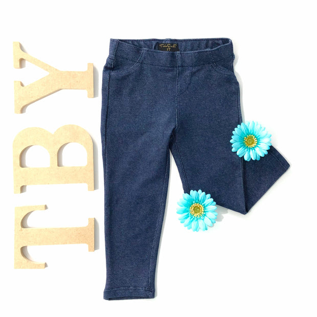 Girl's Denim Leggings. Dark wash