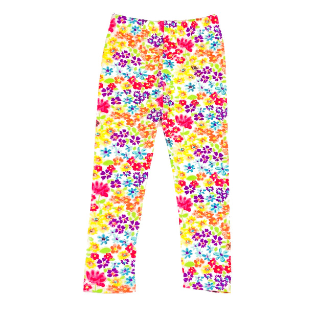 Girl Classic Flower Print Super Soft Summer Leggings. Beige.