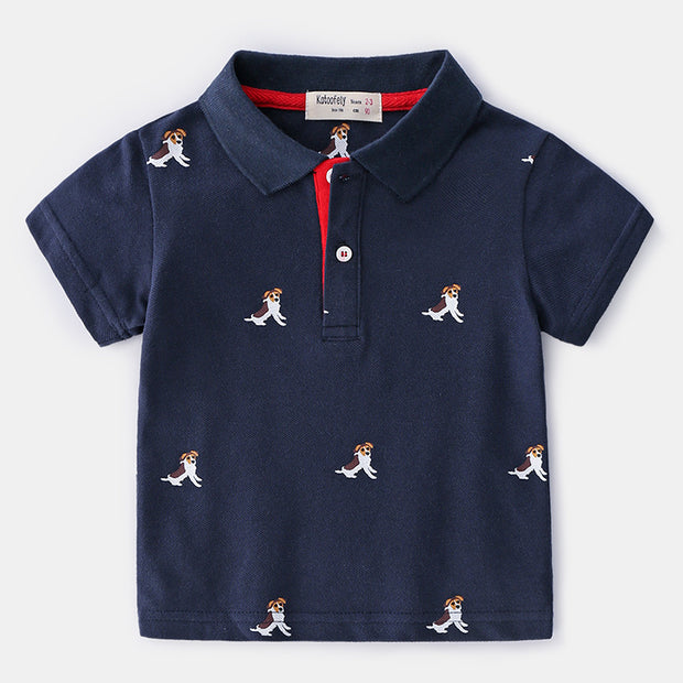 Boy Puppy print Pique Polo. Navy
