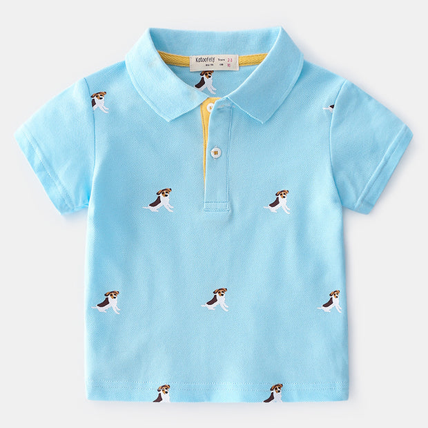 Boy Puppy print Pique Polo. Light blue