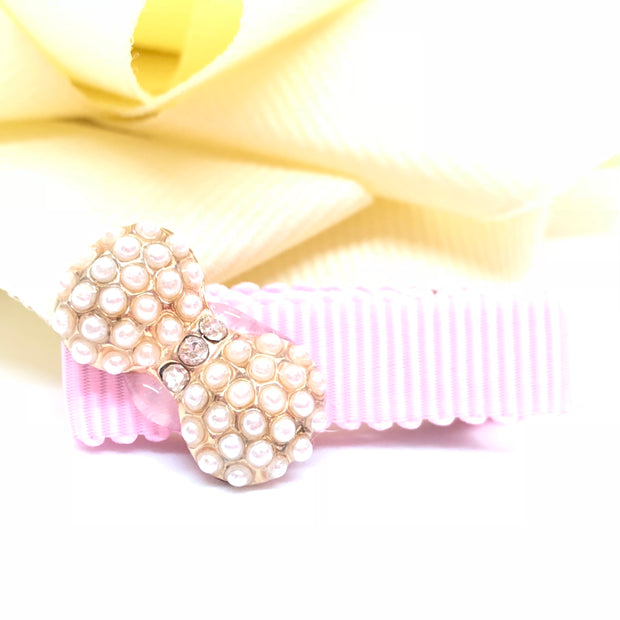 Cute Girl Pearl-Rhinestone Bowknot Hair Clip, Baby Pink