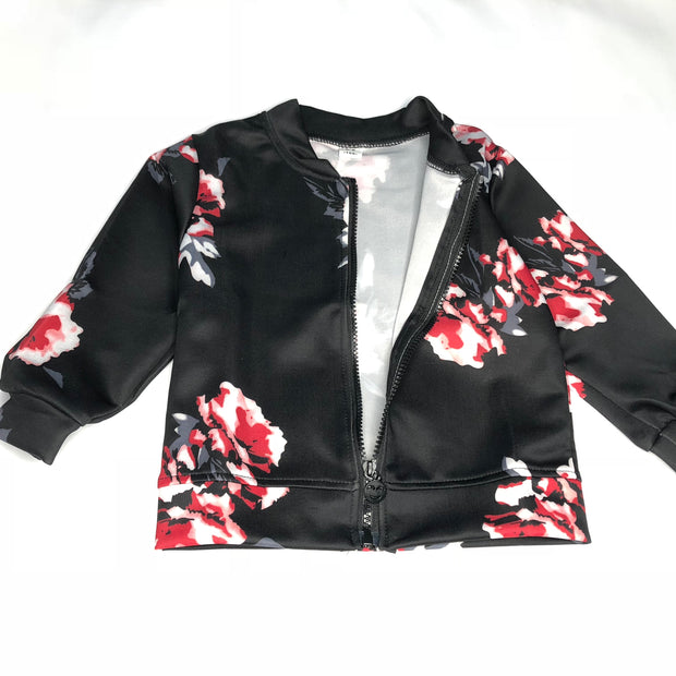 Flower print zipper jacket, Windbreaker (thin). Black.
