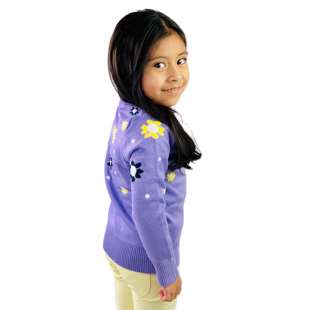 Girl's Flower Motif knitted Sweater. Purple.