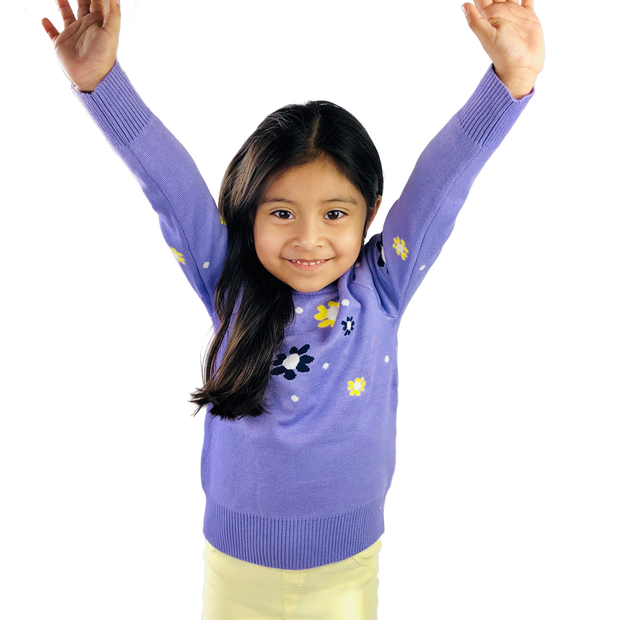 Girl's Flower Motif knitted Sweater. Purple.