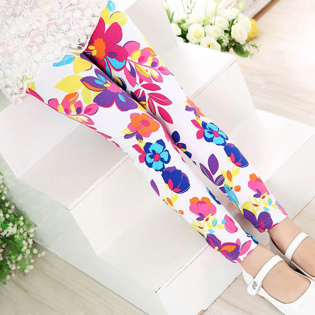 Girl Flower Print super soft Summer Leggings. White.