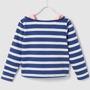 Girl's Off-Shoulder Active Shirt. Navy Blue & White striped.