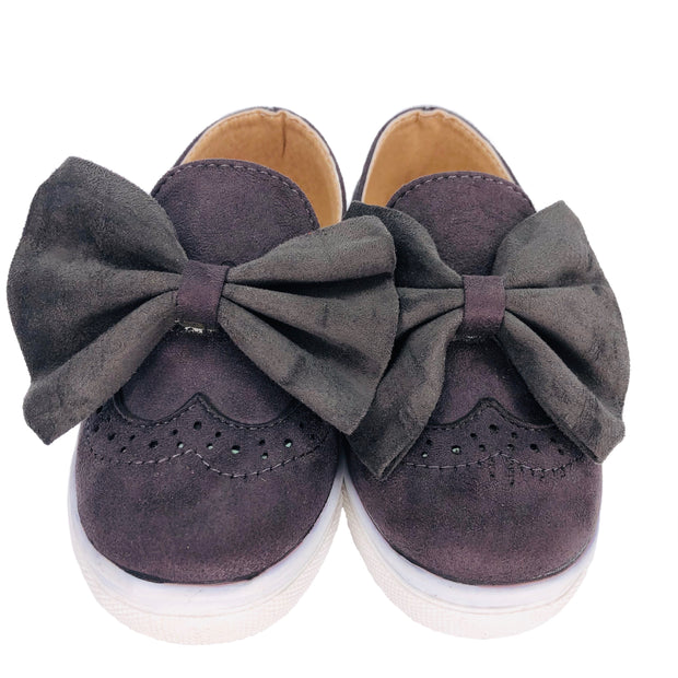 Girl's Suede Slip On Shoes with Bow detail. Grey.