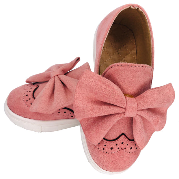 Girl's Suede Slip On Shoes with Bow detail. Pink.