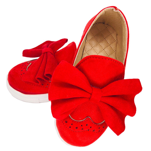 Girl's Suede Slip On Shoes with Bow detail. Red.