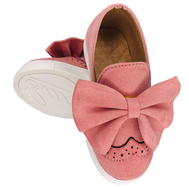 Girl's Suede Slip On Shoes with Bow detail. Pink.