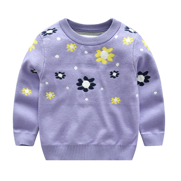 Girl's Flower Motif knitted Sweater. Purple.