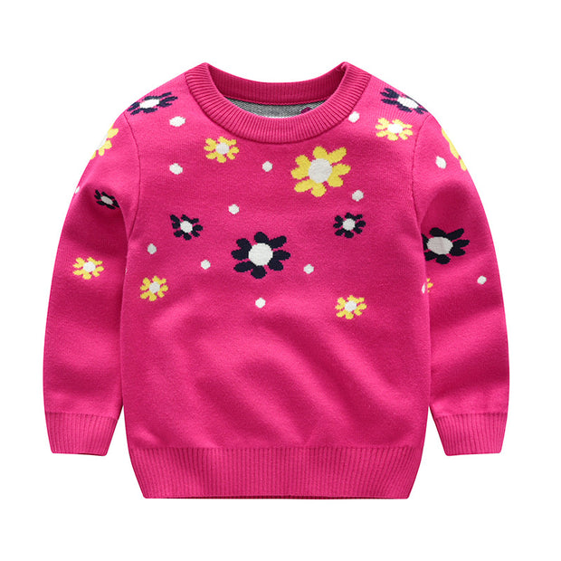 Girl's Flower Motif knitted Sweater. Rose Pink.