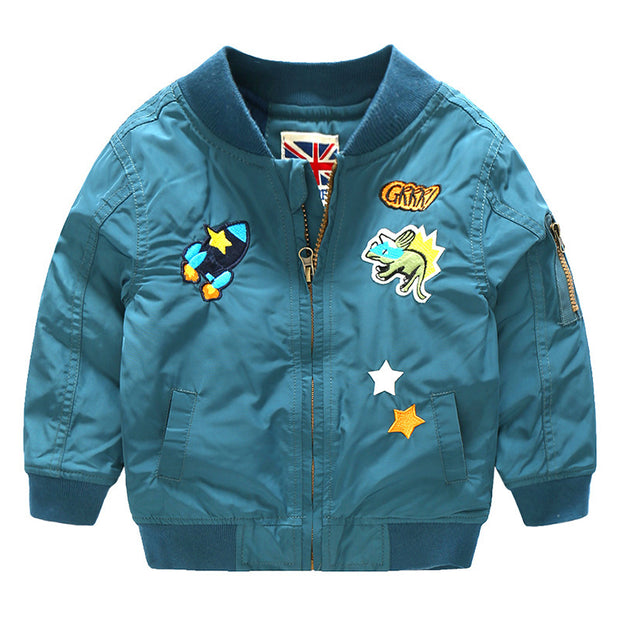Cartoon embroidered Bomber Jacket for Boys. Teal.