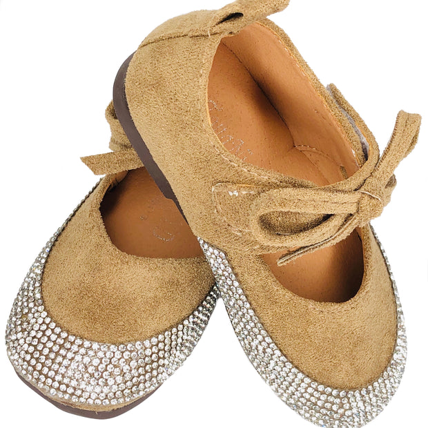 Girl's Suede Sandal with Rhinestone embellishment. Brown.