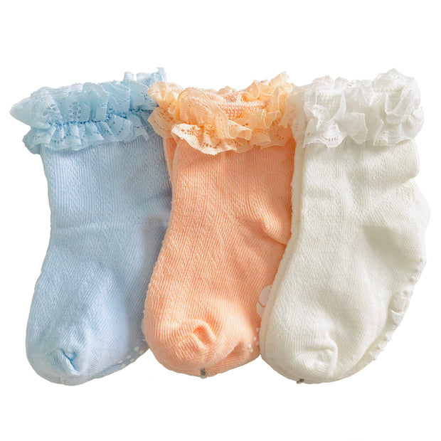 Girl's soft cotton socks with lace ruffle detail. Slip resistant. 3 pack.