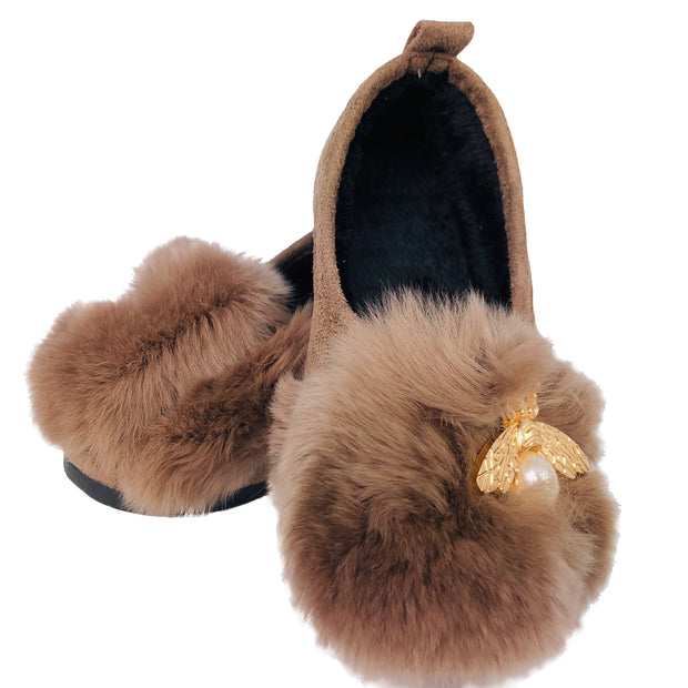 Pearl & Fur. Elegant Ballerina Slippers, flats. Camel.