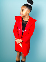 Girls Woolen Trench Coat, with Princess line hoodie. Red