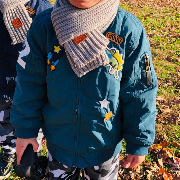 Cartoon embroidered Bomber Jacket for Boys. Teal.